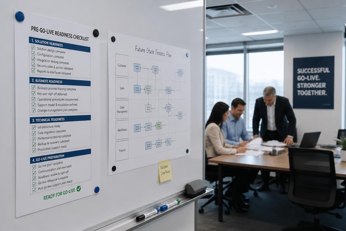 Project team reviewing a printed pre-go-live readiness checklist on a whiteboard